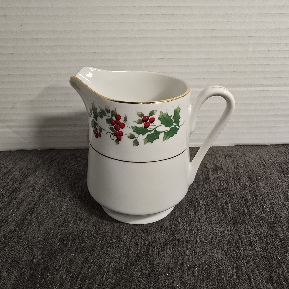 Gibson Christmas Charm Creamer Pitcher Holly Berry Gold Trim Holiday China